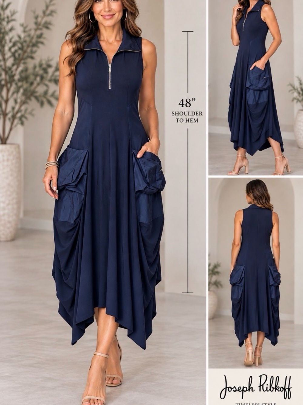 Joseph Ribkoff Navy Blue Sleeveless Zip Front Pocket Dress